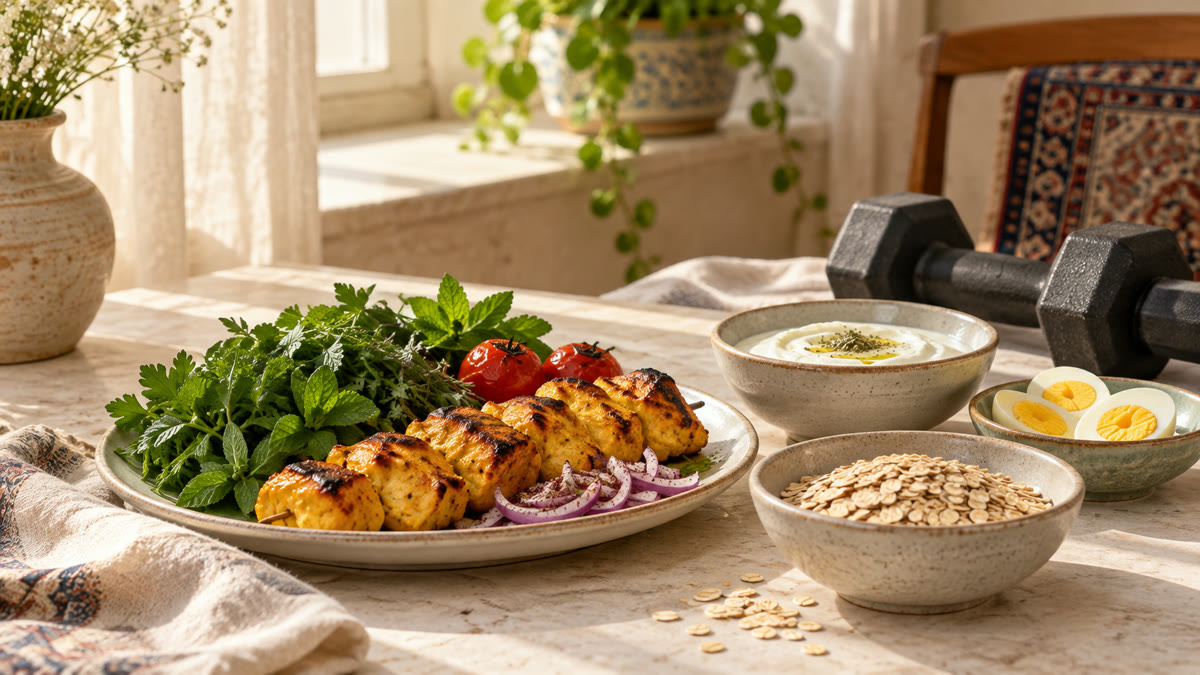 بشقاب جوجه‌کباب با سبزی، کاسهٔ ماست، تخم‌مرغ آب‌پز و جو پرک کنار دمبل روی میز خانگی.