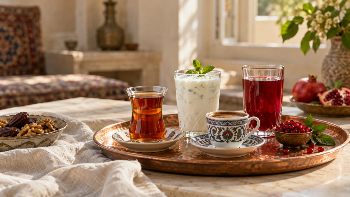 استکان چای، فنجان قهوه ترک، لیوان دوغ و لیوان آب انار کنار هم روی سینی مسی.