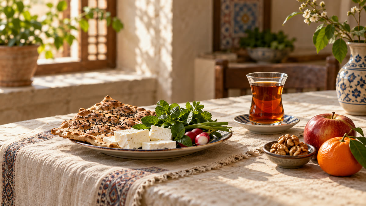 بشقاب کوچک نان سنگک با پنیر و سبزی خوردن، سیب، نارنگی و چند مغز گردو کنار استکان چای.
