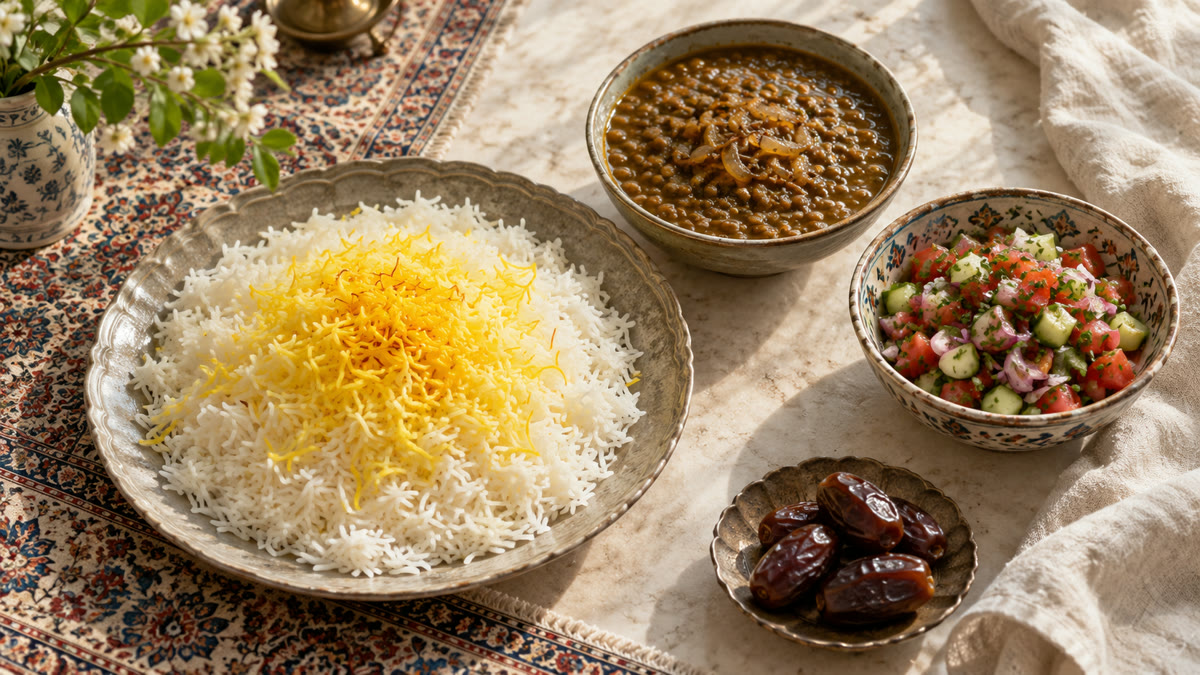 بشقاب برنج سفید پخته کنار کاسهٔ عدسی، سالاد شیرازی و نعلبکی خرما روی سفرهٔ ایرانی دیده می‌شود.