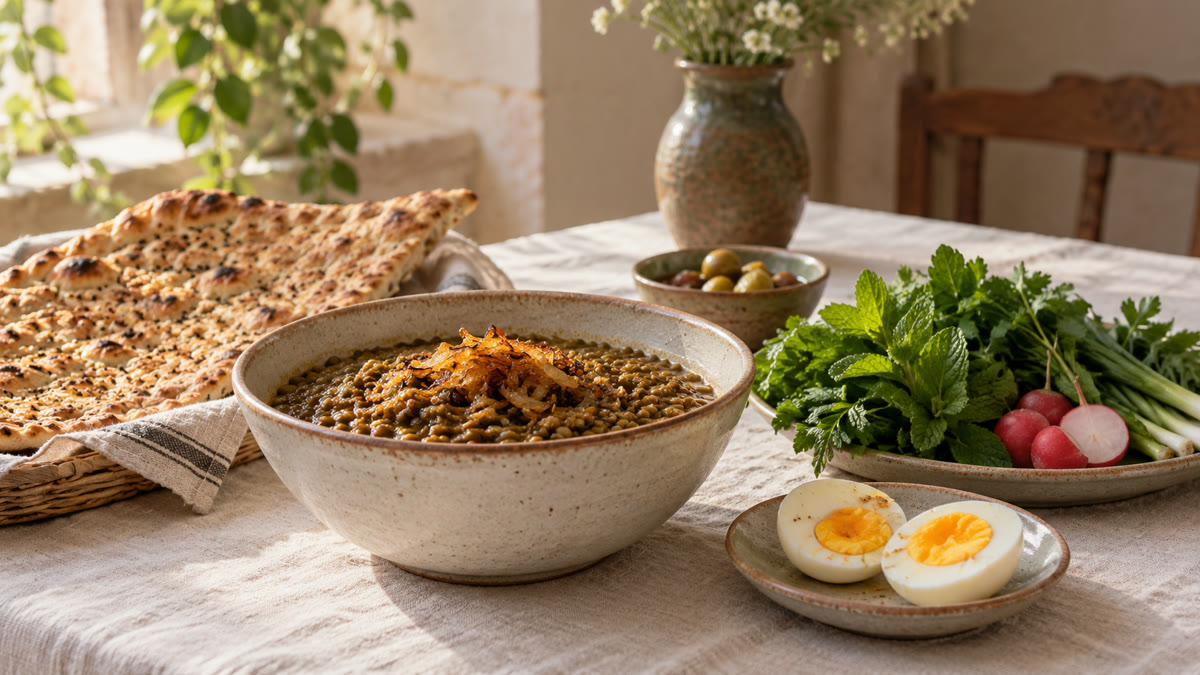 کاسهٔ عدس پخته کنار نان سنگک، سبزی‌خوردن و تخم‌مرغ آب‌پز روی سفره‌ای روشن چیده شده است.