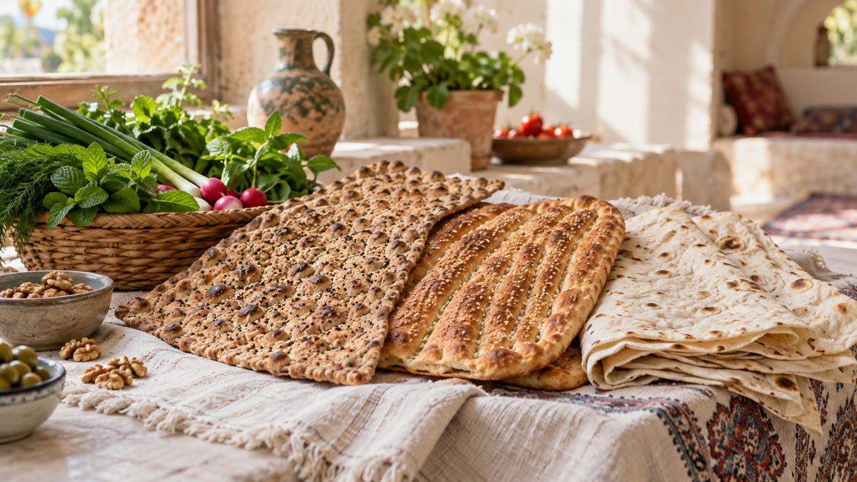 نان‌های سنگک، بربری و لواش تازه روی سفره پارچه‌ای در کنار سبزی خوردن.