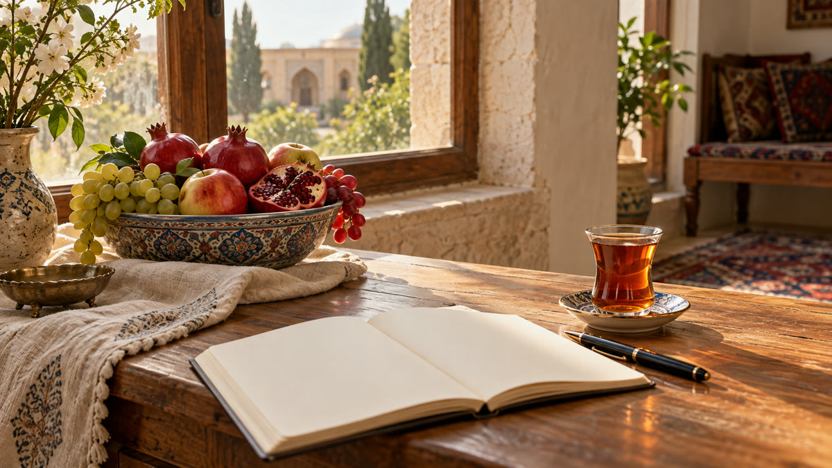 دفترچه یادداشت، لیوان چای و کاسه میوه روی میز کنار پنجره، آماده برای یک جلسه مشاوره از راه دور.