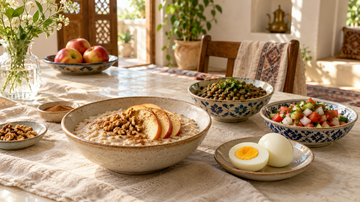 کاسهٔ عدسی، فرنی جو دوسر با سیب، تخم‌مرغ آب‌پز و سالاد شیرازی روی میز آشپزخانه‌ای روشن.