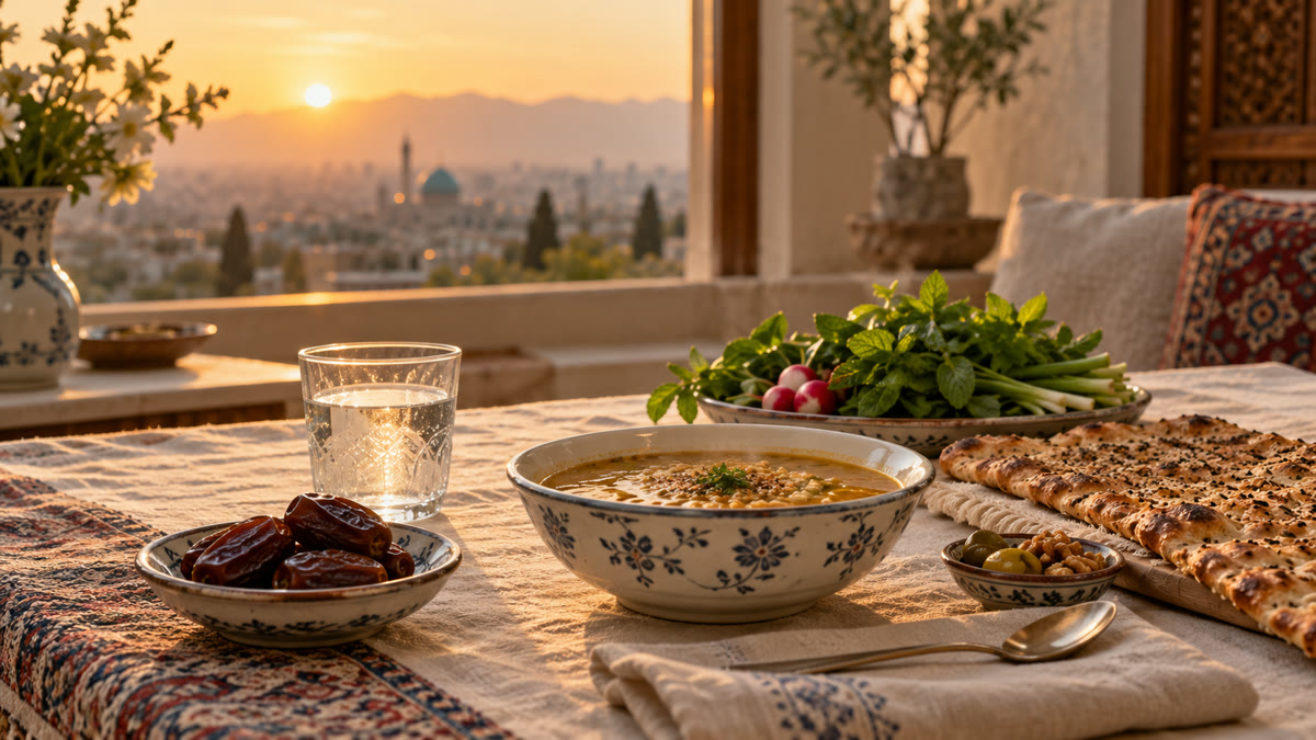 سفرهٔ افطار ساده با خرما، لیوان آب، کاسهٔ سوپ جو، نان سنگک و سبزی در نور غروب.