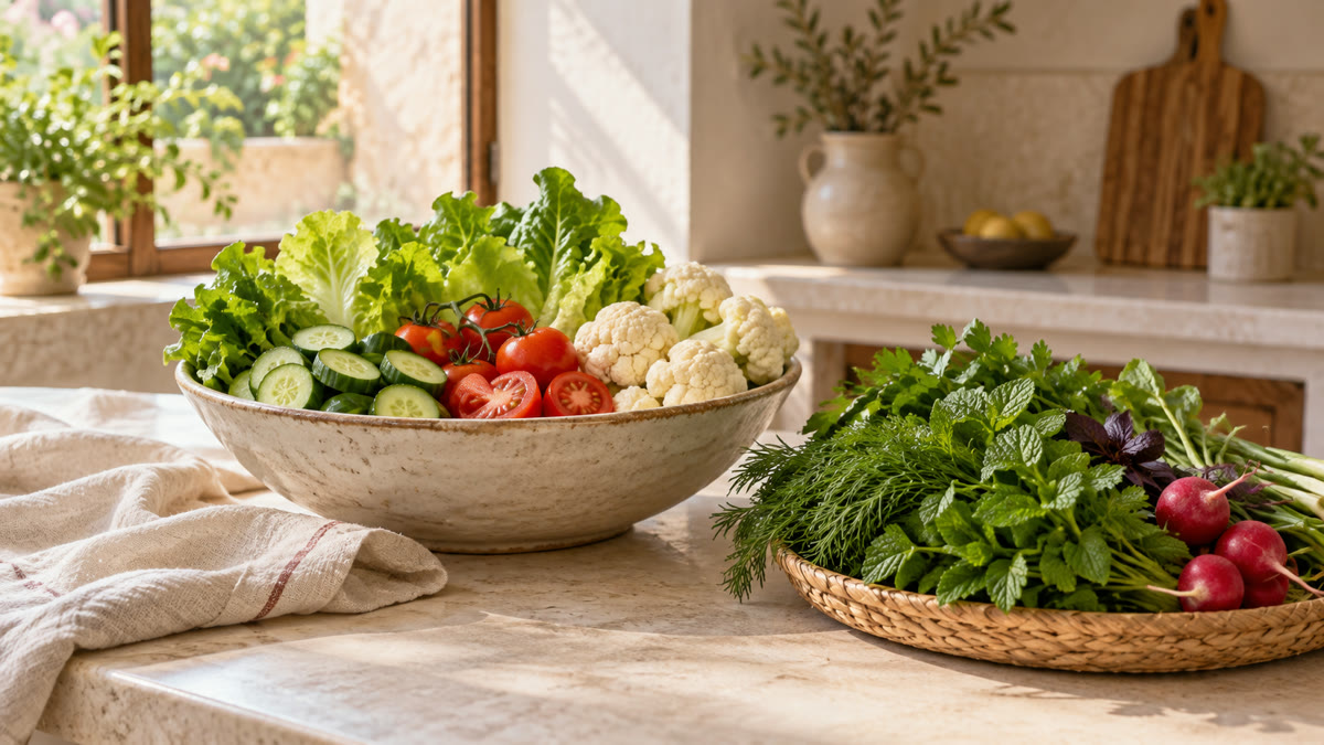 کاسه‌ای از کاهو، خیار، گوجه‌فرنگی و گل کلم تازه کنار دسته‌ای سبزی خوردن روی میز آشپزخانه.