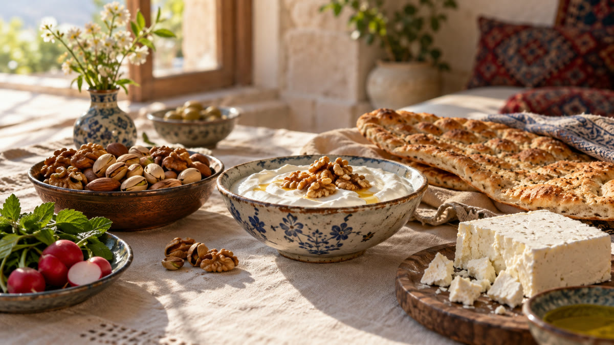 ظرف آجیل، کاسه ماست چکیده با گردو، نان بربری و پنیر لیقوان روی سفره خانگی.